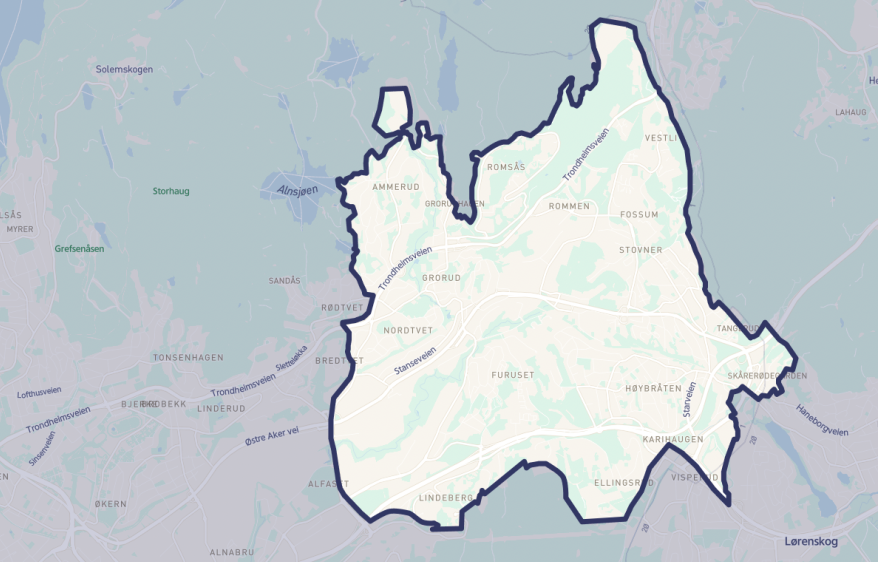 Oversiktskart med avgrensning ved områdene Ammerud, Nordtvet, Lindeberg, Karihaugen, Stovner, Vestli og Romsås.