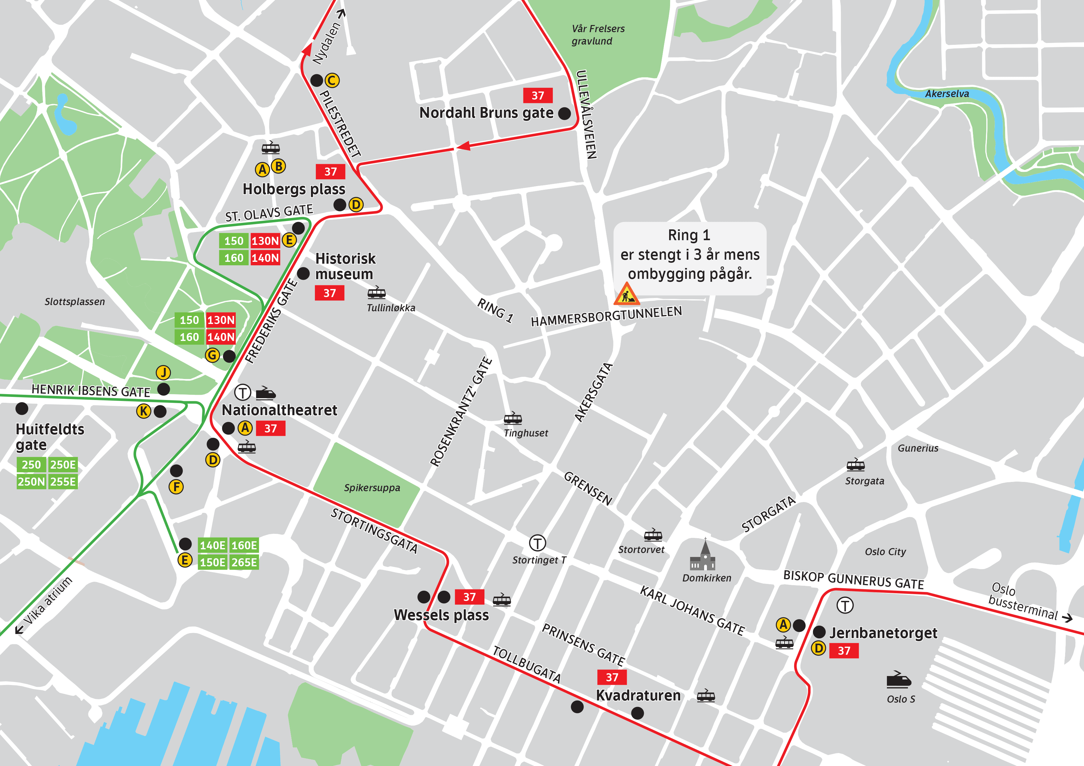 Kart over området Holbergs plass–Nationaltheatret–Kvadraturen–Oslo S som viser de nye traseene til bussene.