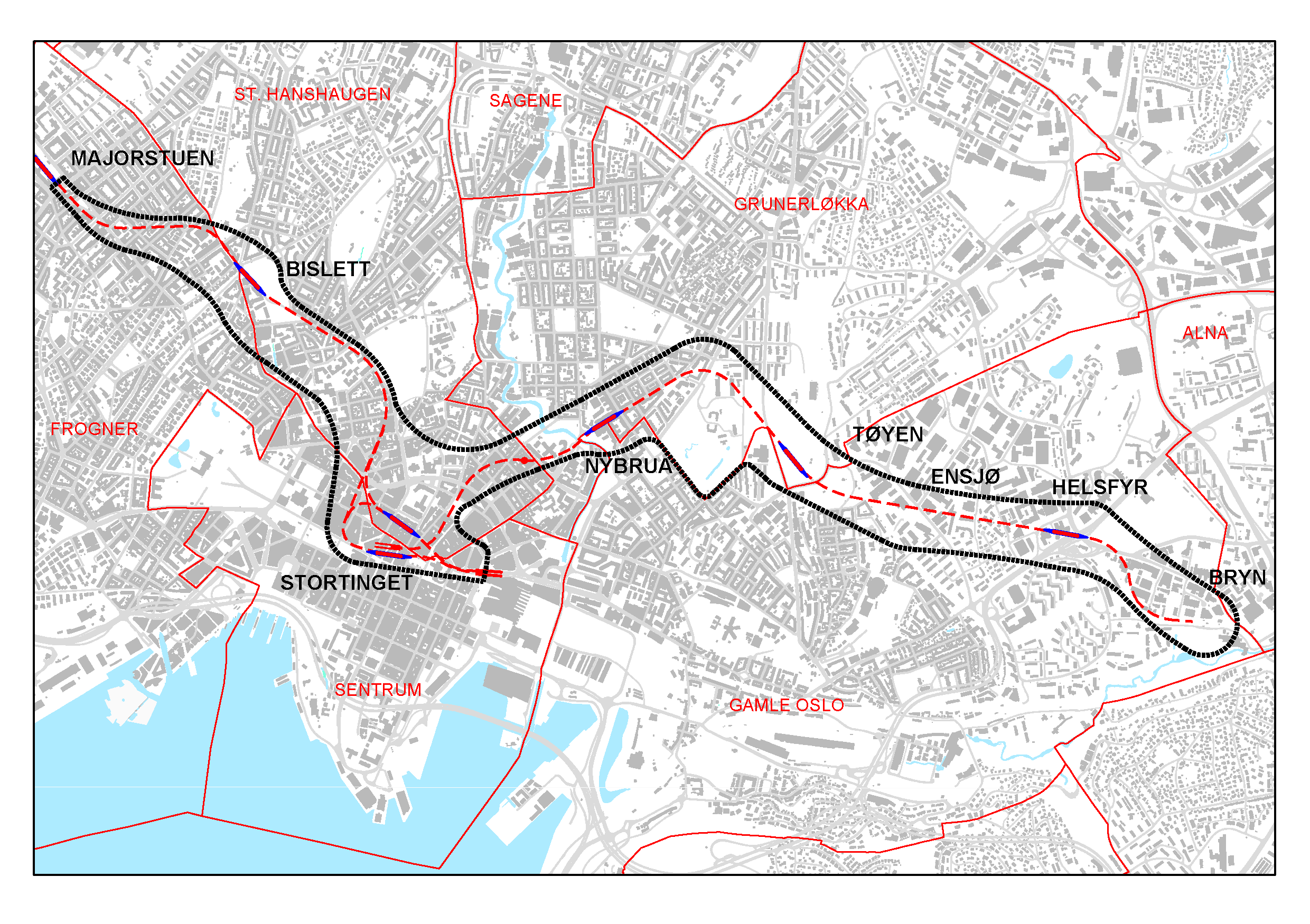Kart over traseen med planavgrensning tegnet inn i området rundt ny tunnel.