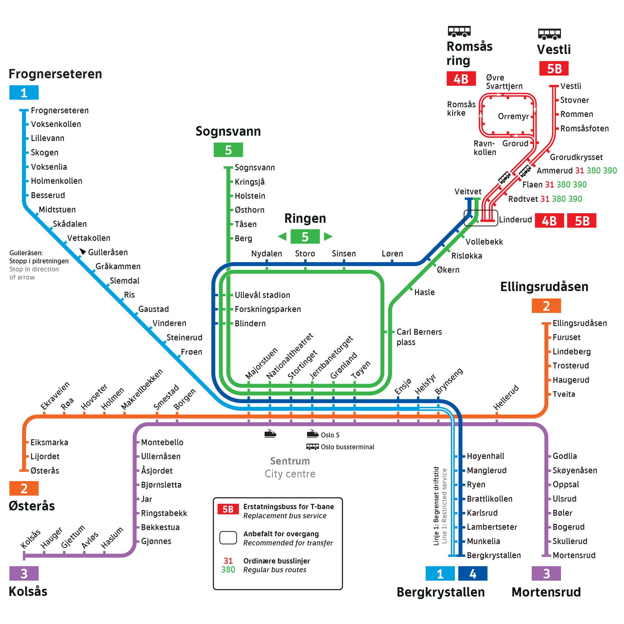 Linjekart som viser T-banelinjene, erstatningsbussene 4B/5B og brudd på T-baneforbindelsen fra Veitvet til Vestli.