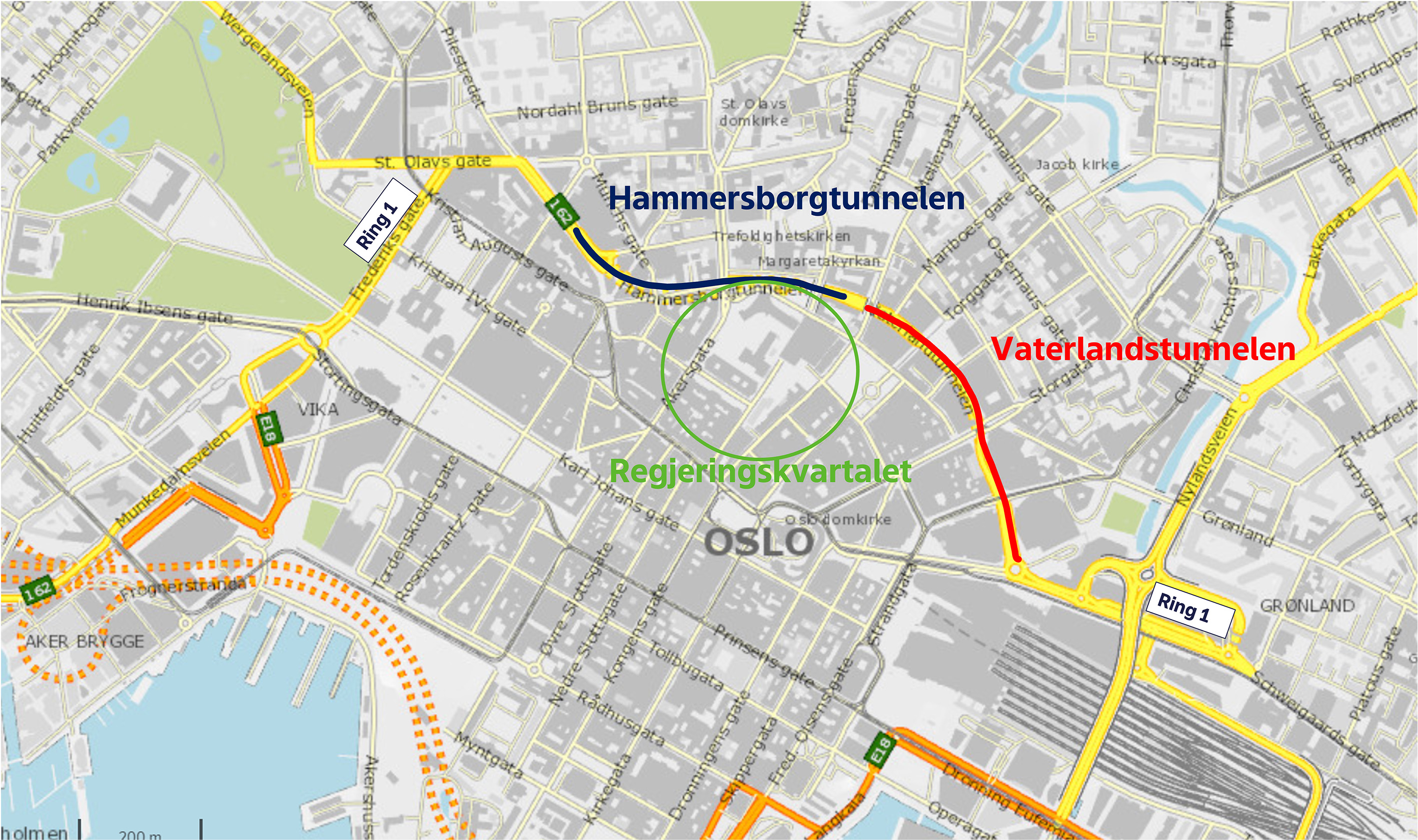 Kartutsnitt av Oslo sentrum med Ring 1 og Regjeringskvartalet markert.