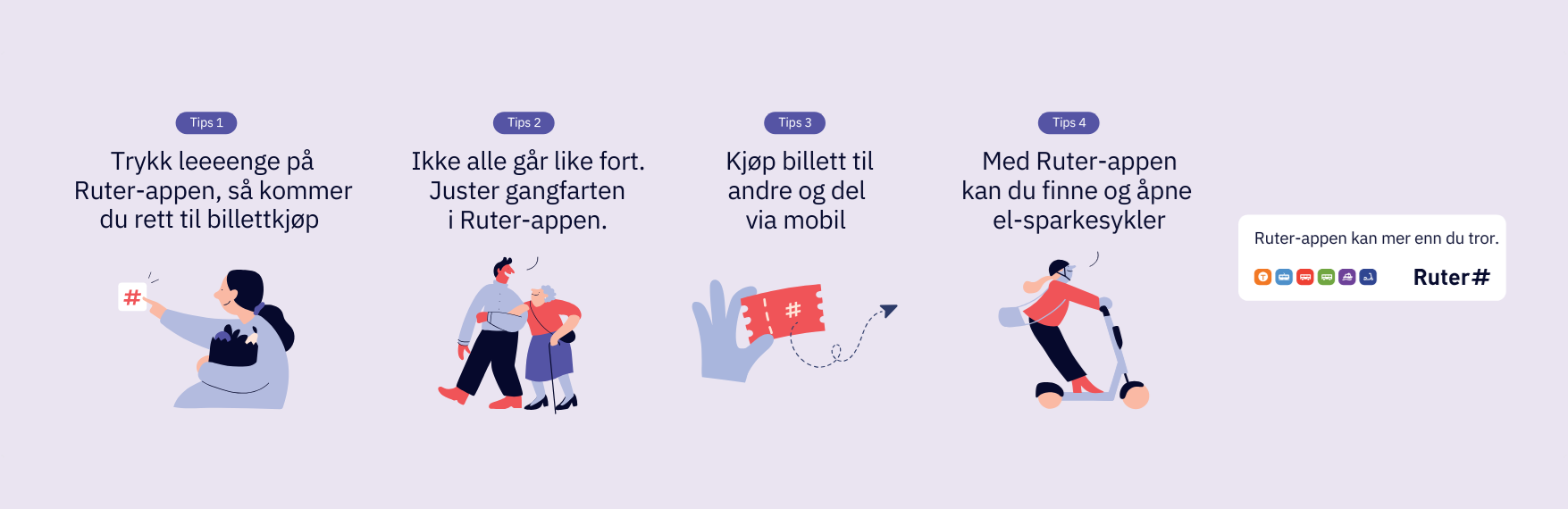 Fire illustrasjoner som gjentar tips 1, 2, 3 og 4.