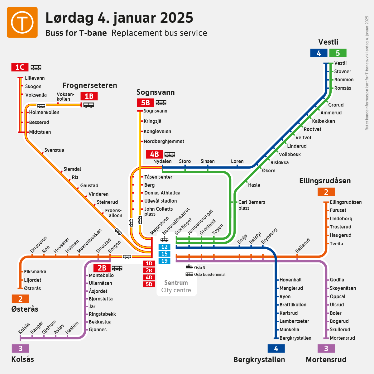 Linjekart for T-banen som viser hvordan T-banen og erstatningsbussene kjører.