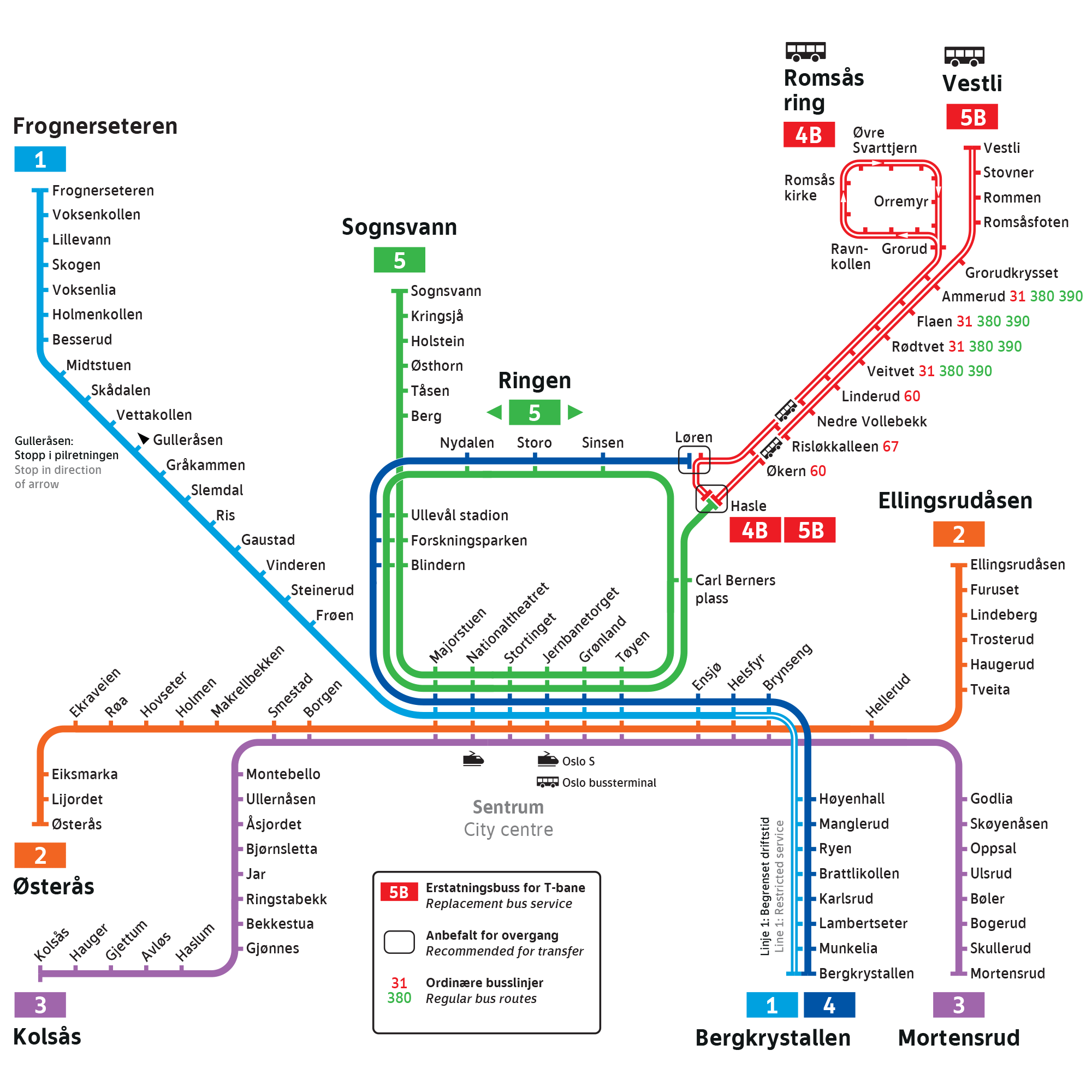 Linjekart som viser T-banelinjene, erstatningsbussene 4B/5B og brudd på T-baneforbindelsen fra Løren/Hasle retning Vestli.